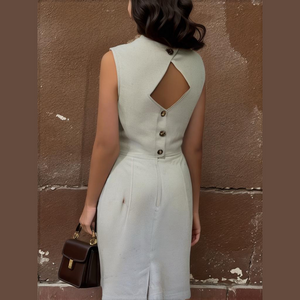 80s SLUBBED SILK GEORGE BOHO CREAM SLEEVELESS DRESS W KEYHOLE BACK SZ S